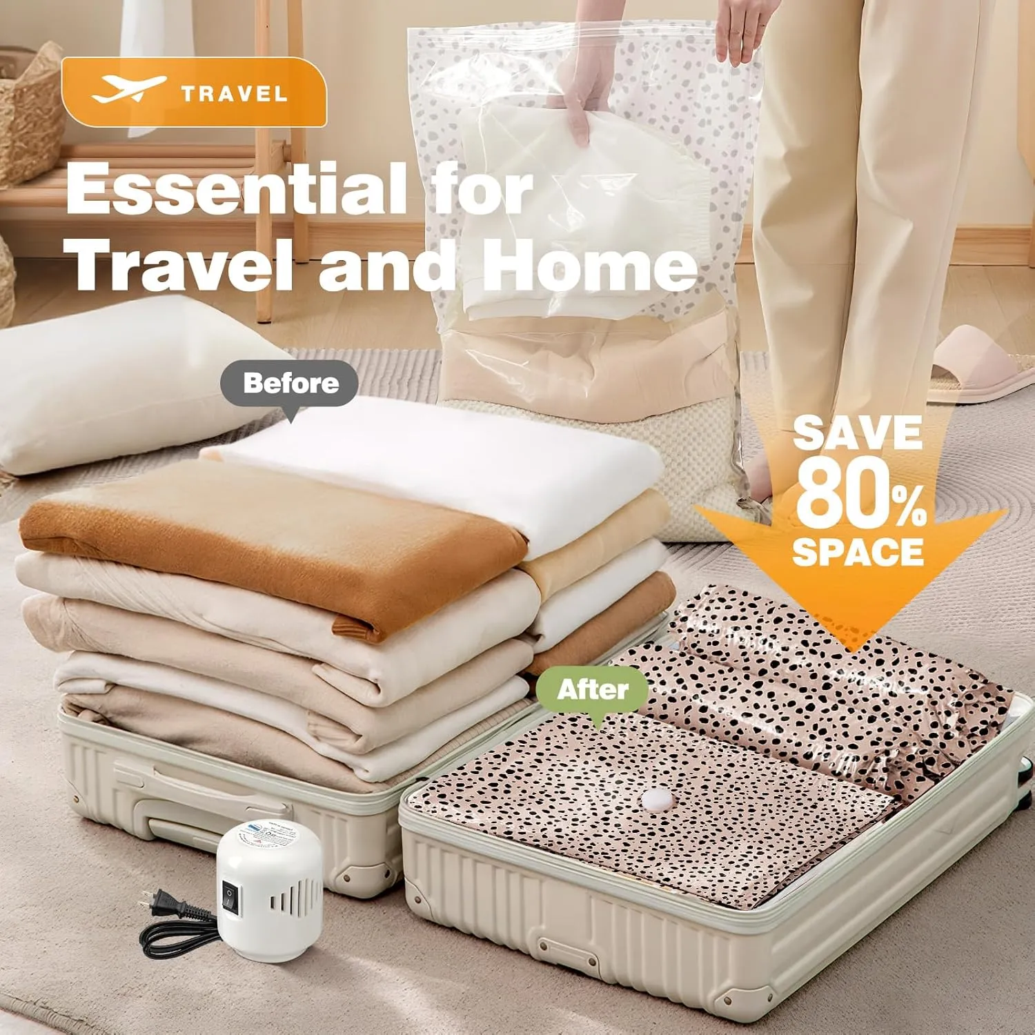 10 Pack Travel Vacuum Storage Bags with Electric Pump, 2 Large   4 Medium   4 Small Vacuum Sealer Bags, 80% Space Saver Bags for Luggage, Comforters and Blankets, Travel Essentials(Beige Leopard)