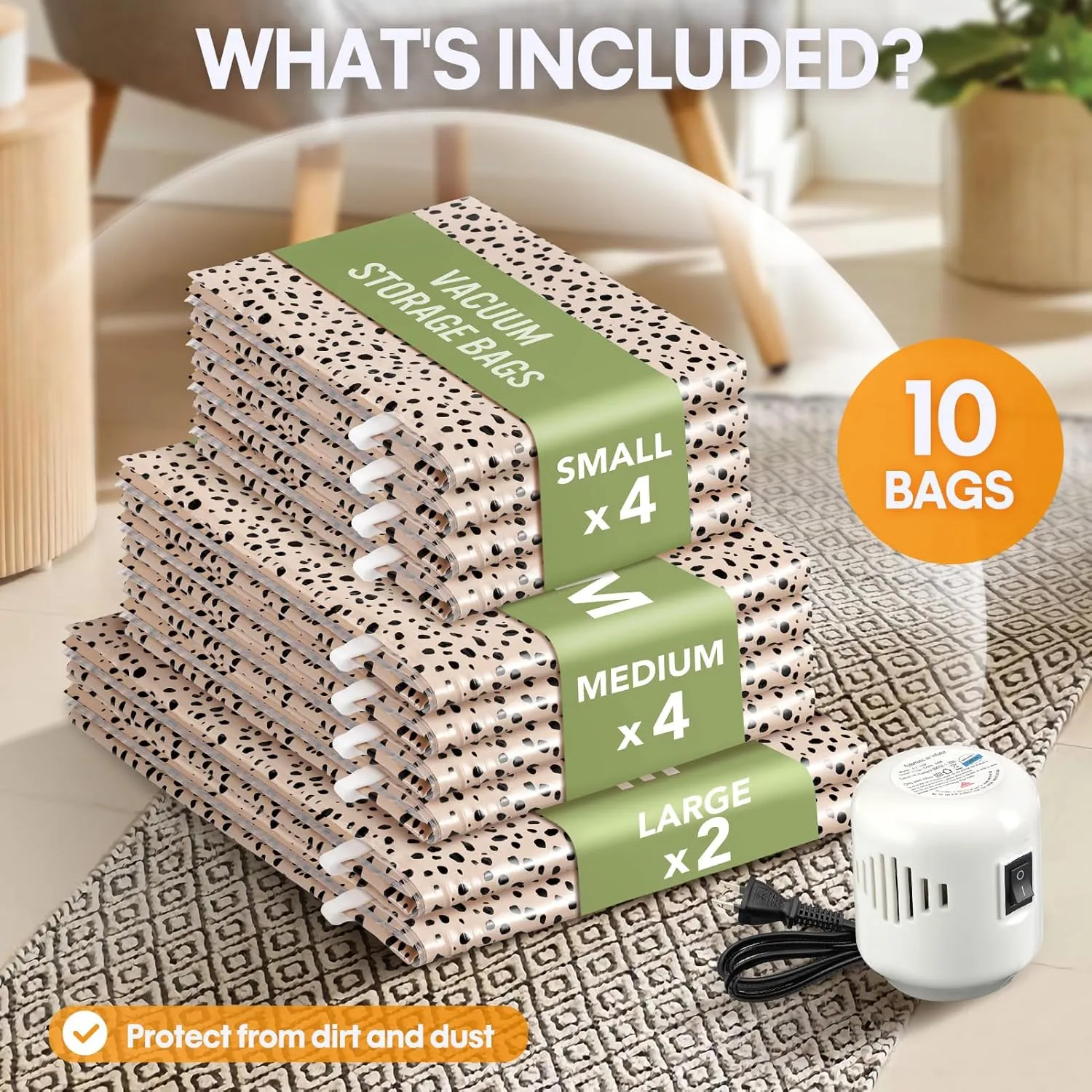 10 Pack Travel Vacuum Storage Bags with Electric Pump, 2 Large   4 Medium   4 Small Vacuum Sealer Bags, 80% Space Saver Bags for Luggage, Comforters and Blankets, Travel Essentials(Beige Leopard)