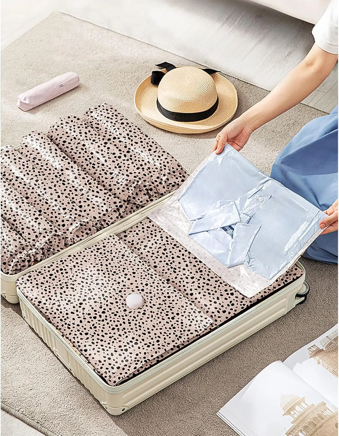 10 Pack Travel Vacuum Storage Bags with Electric Pump, 2 Large   4 Medium   4 Small Vacuum Sealer Bags, 80% Space Saver Bags for Luggage, Comforters and Blankets, Travel Essentials(Beige Leopard)