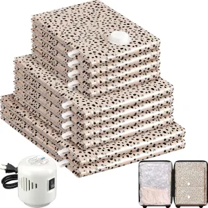 10 Pack Travel Vacuum Storage Bags with Electric Pump, 2 Large   4 Medium   4 Small Vacuum Sealer Bags, 80% Space Saver Bags for Luggage, Comforters and Blankets, Travel Essentials(Beige Leopard)