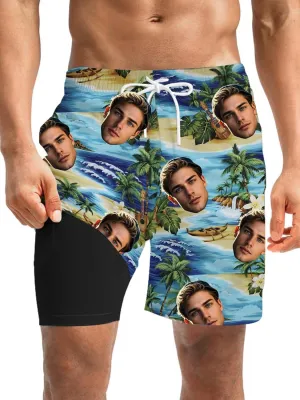 Custom Mens Swim Trunks 7" Personalized Board Shorts with Face Quick Dry Swimsuit Bathing Suit Compression Liner