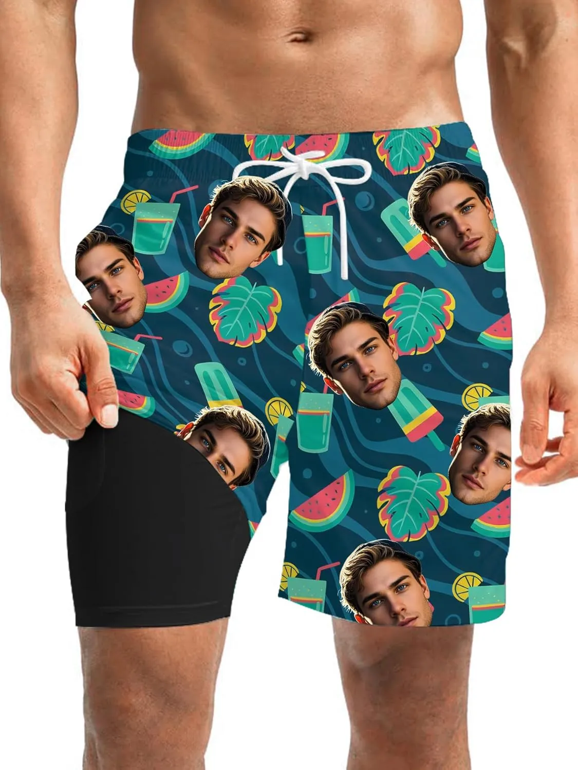 Custom Mens Swim Trunks 7" Personalized Board Shorts with Face Quick Dry Swimsuit Bathing Suit Compression Liner