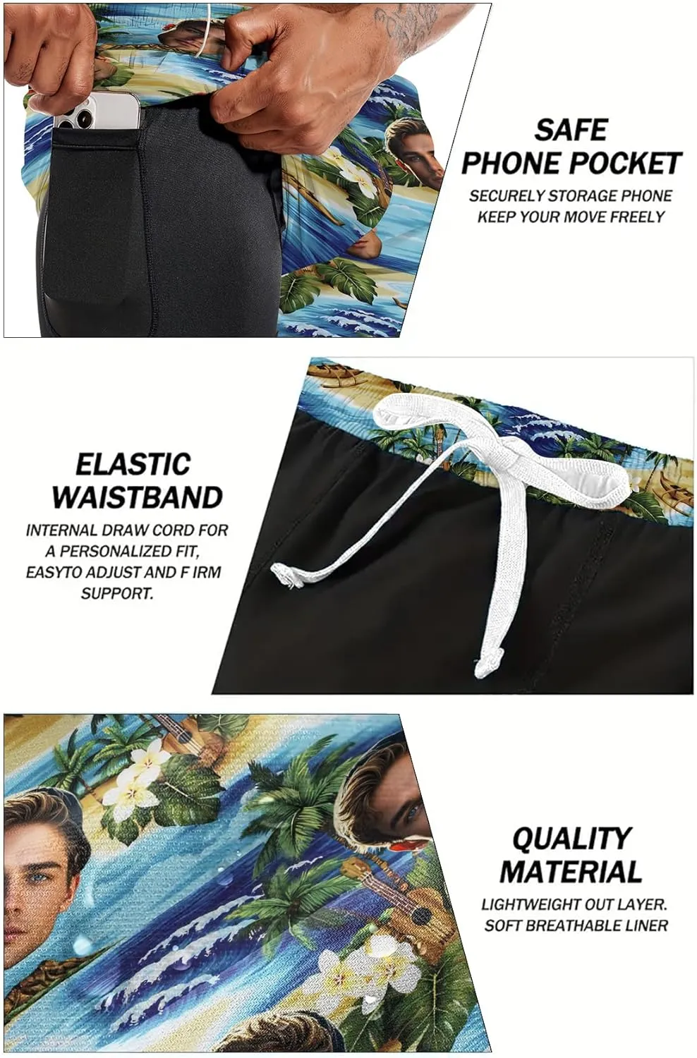 Custom Mens Swim Trunks 7" Personalized Board Shorts with Face Quick Dry Swimsuit Bathing Suit Compression Liner