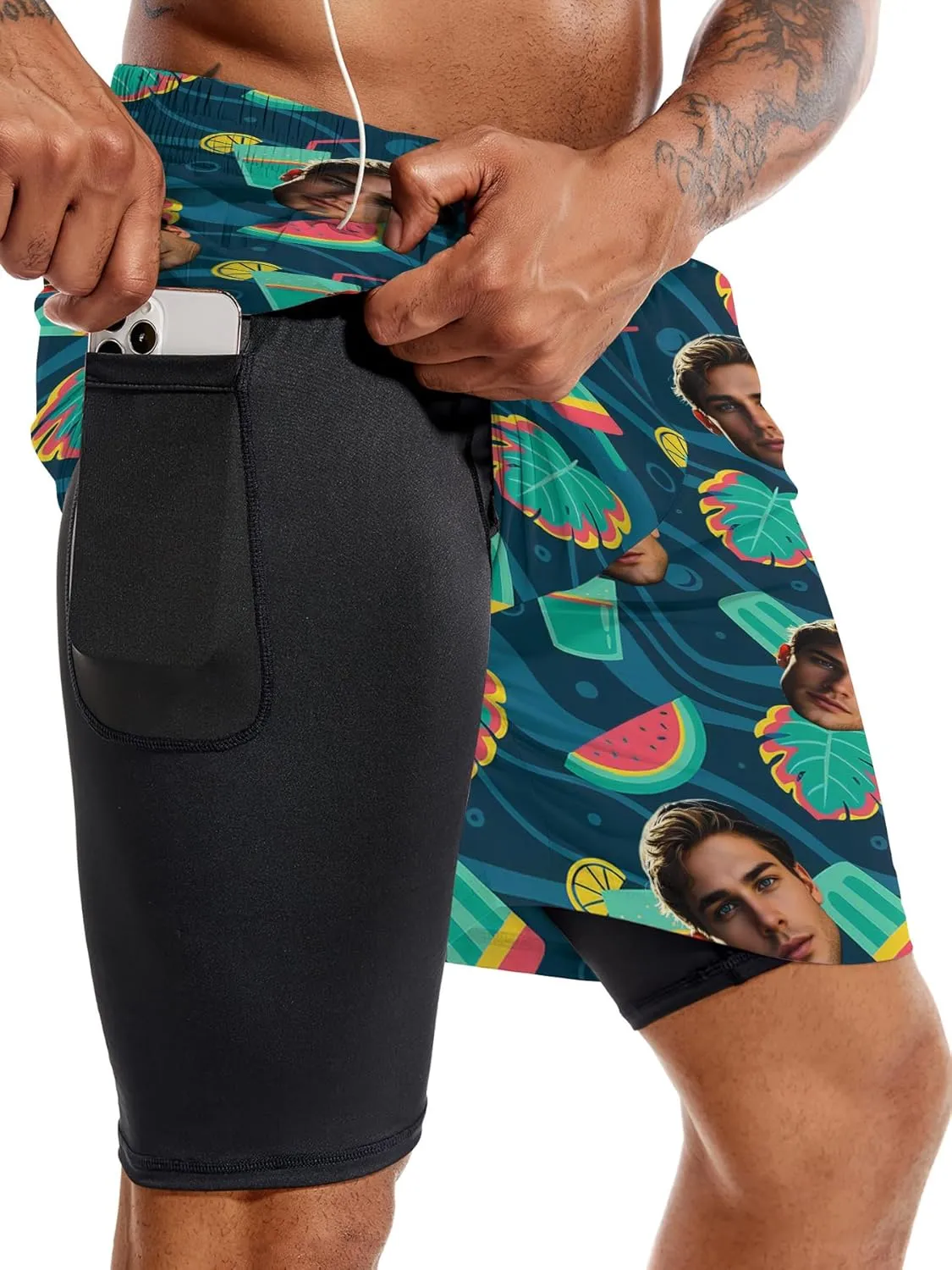 Custom Mens Swim Trunks 7" Personalized Board Shorts with Face Quick Dry Swimsuit Bathing Suit Compression Liner