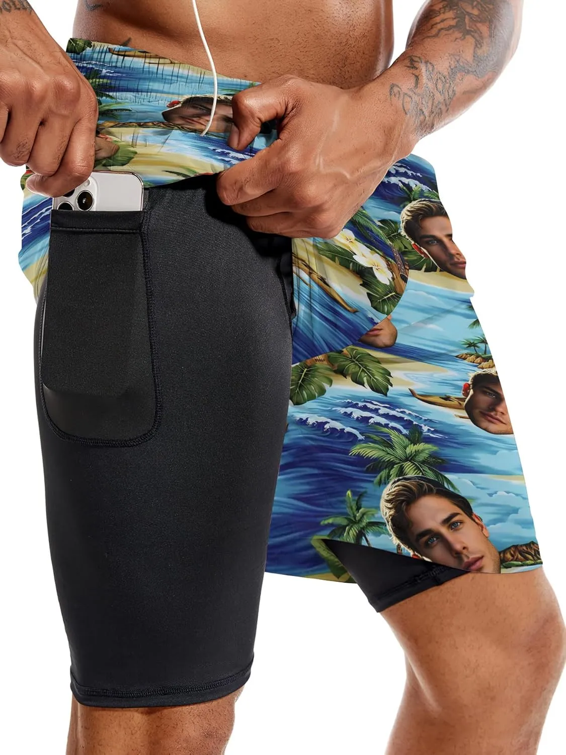 Custom Mens Swim Trunks 7" Personalized Board Shorts with Face Quick Dry Swimsuit Bathing Suit Compression Liner