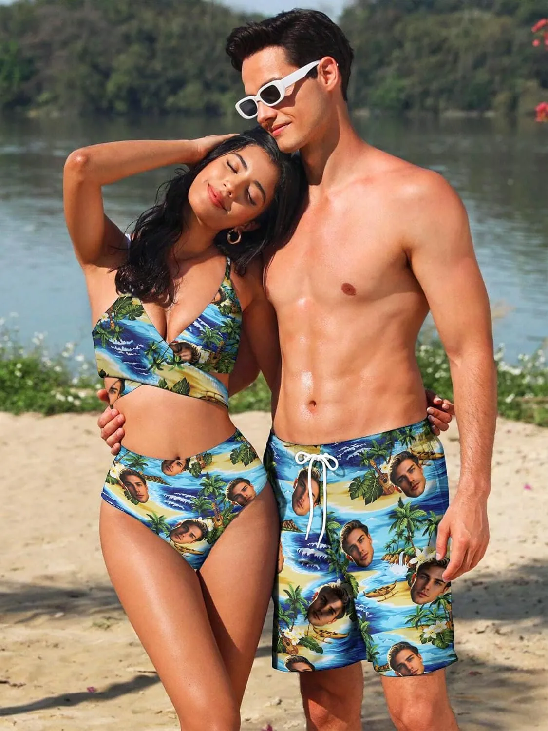 Custom Mens Swim Trunks 7" Personalized Board Shorts with Face Quick Dry Swimsuit Bathing Suit Compression Liner