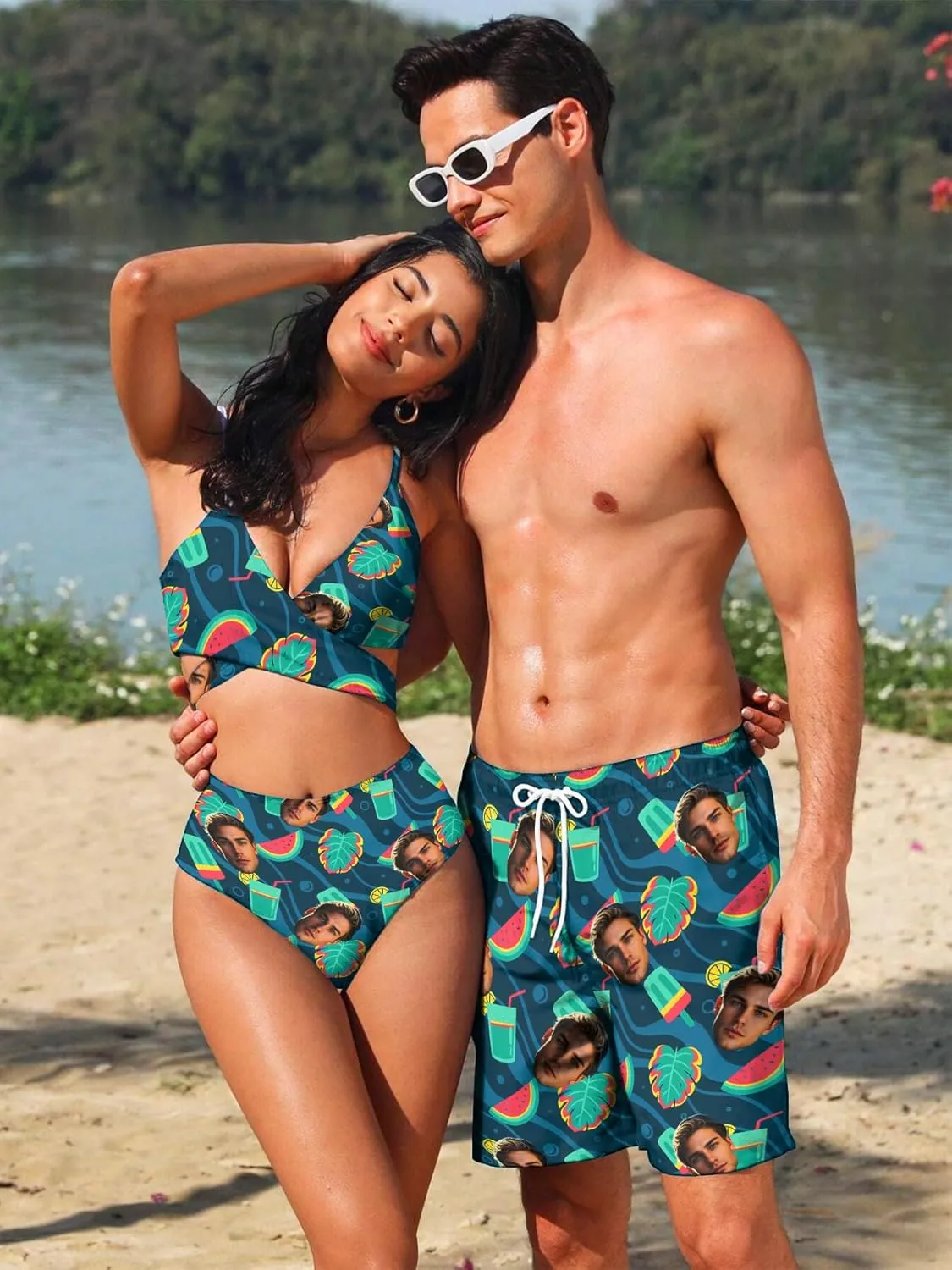 Custom Mens Swim Trunks 7" Personalized Board Shorts with Face Quick Dry Swimsuit Bathing Suit Compression Liner