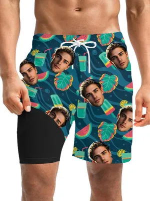 Custom Mens Swim Trunks 7" Personalized Board Shorts with Face Quick Dry Swimsuit Bathing Suit Compression Liner