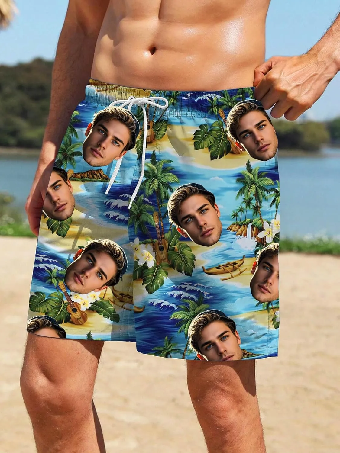 Custom Mens Swim Trunks 7" Personalized Board Shorts with Face Quick Dry Swimsuit Bathing Suit Compression Liner