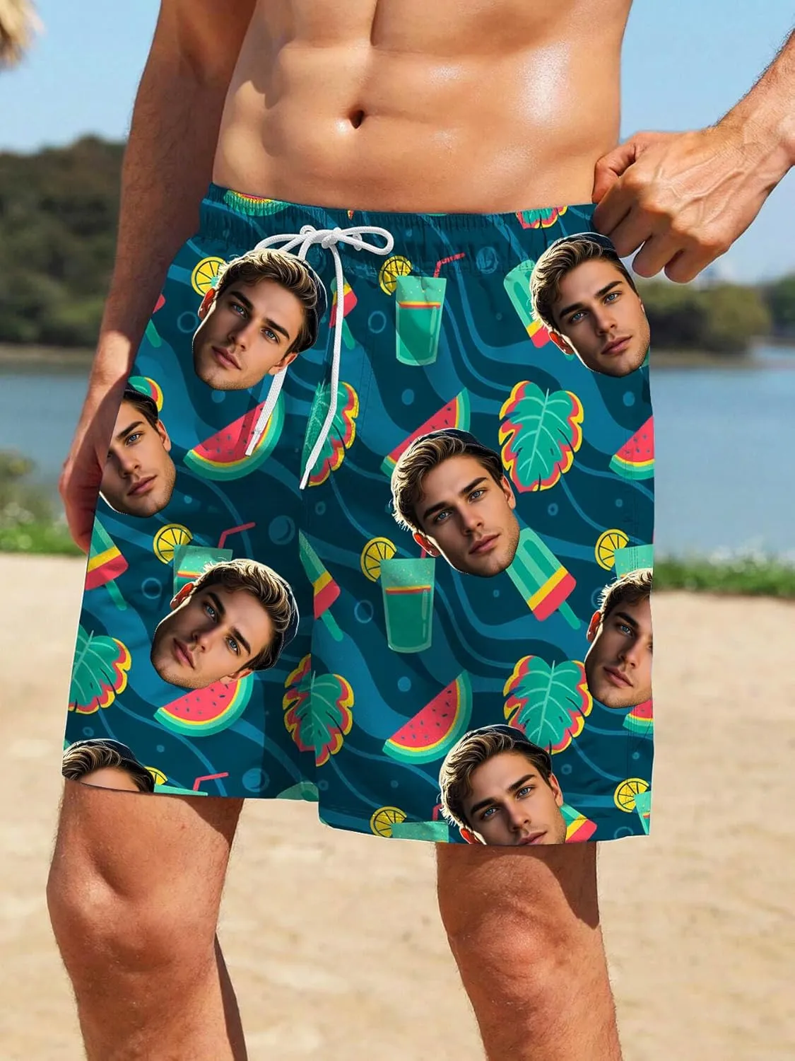 Custom Mens Swim Trunks 7" Personalized Board Shorts with Face Quick Dry Swimsuit Bathing Suit Compression Liner