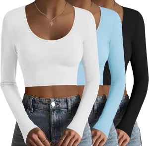 Ekouaer 3 Piece Long Sleeve Crop Tops for Women Scroop Neck Base Layer Basic Thermal Undershirts S-XXL