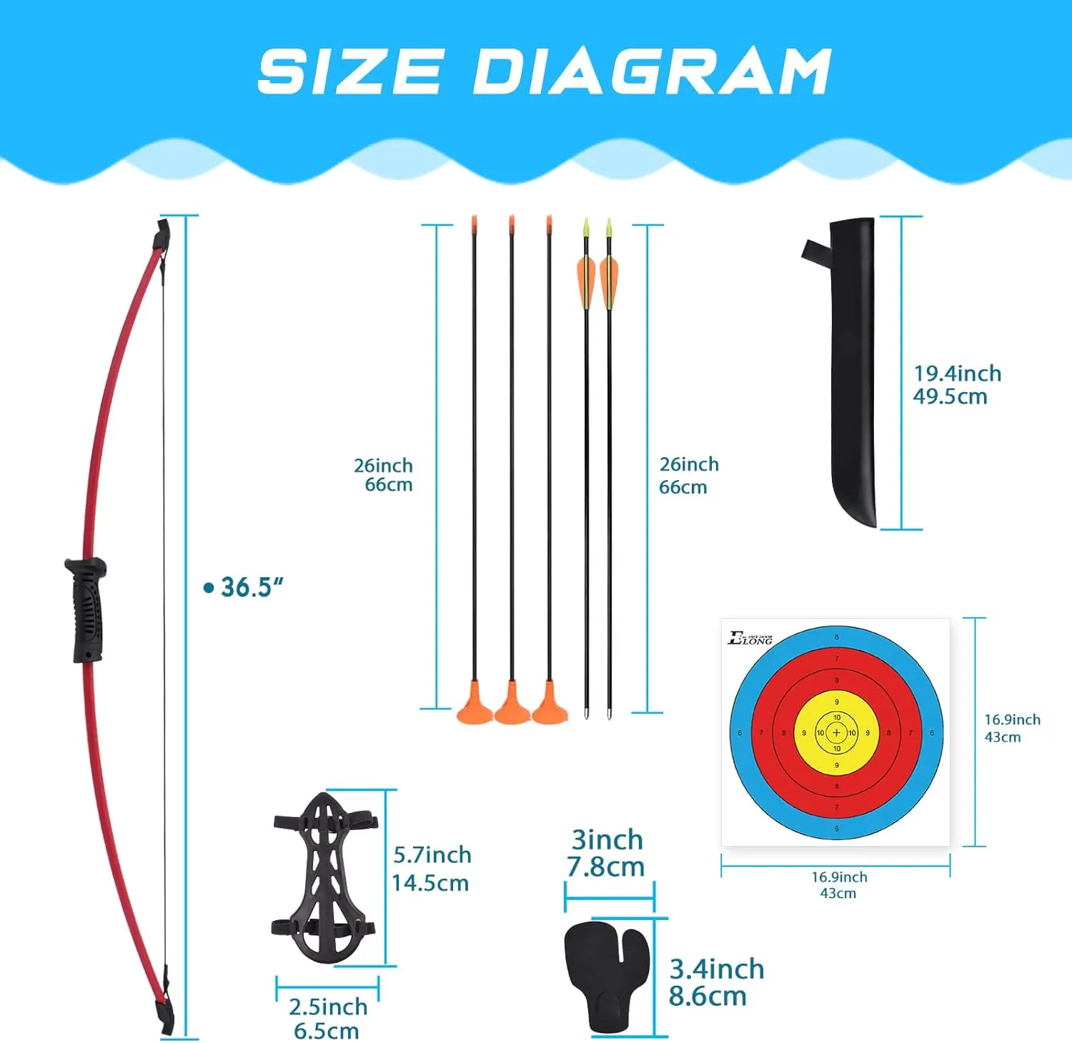 Elong Recurve Bow and Arrow Set Outdoor Junior Archery Beginner Training Includes 8 Arrows, Armguard, Quiver, Target Face, Finger Tab