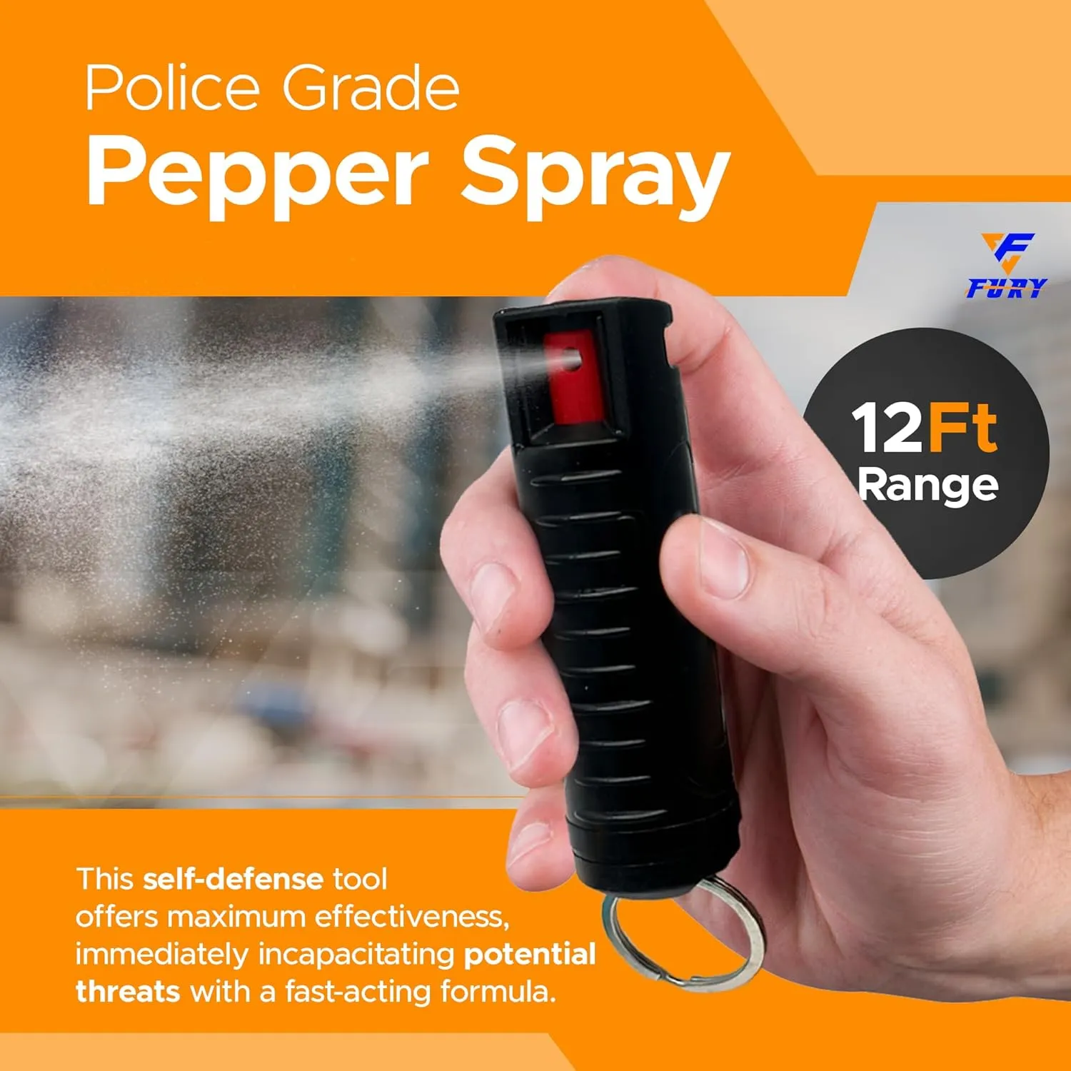 FURY Hardshell Pepper Spray - 12Ft Range, Max Strength, UV Dye Identifier, Anti-Leak & Anti-Misfire, Slidetop Trigger, Belt Clip & Key Ring, Multiple Color Options, Self-Defense Spray