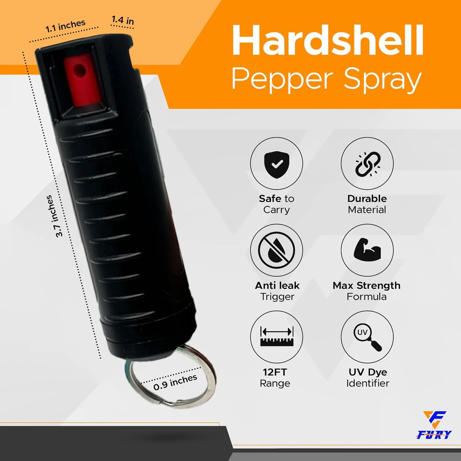 FURY Hardshell Pepper Spray - 12Ft Range, Max Strength, UV Dye Identifier, Anti-Leak & Anti-Misfire, Slidetop Trigger, Belt Clip & Key Ring, Multiple Color Options, Self-Defense Spray