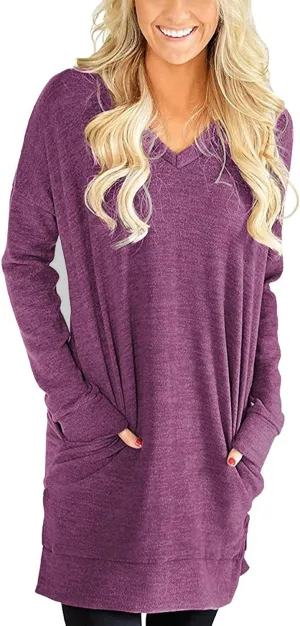 LERUCCI Womens Casual Long Sleeves Solid V-Neck Tunics Shirt Tops with Pockets