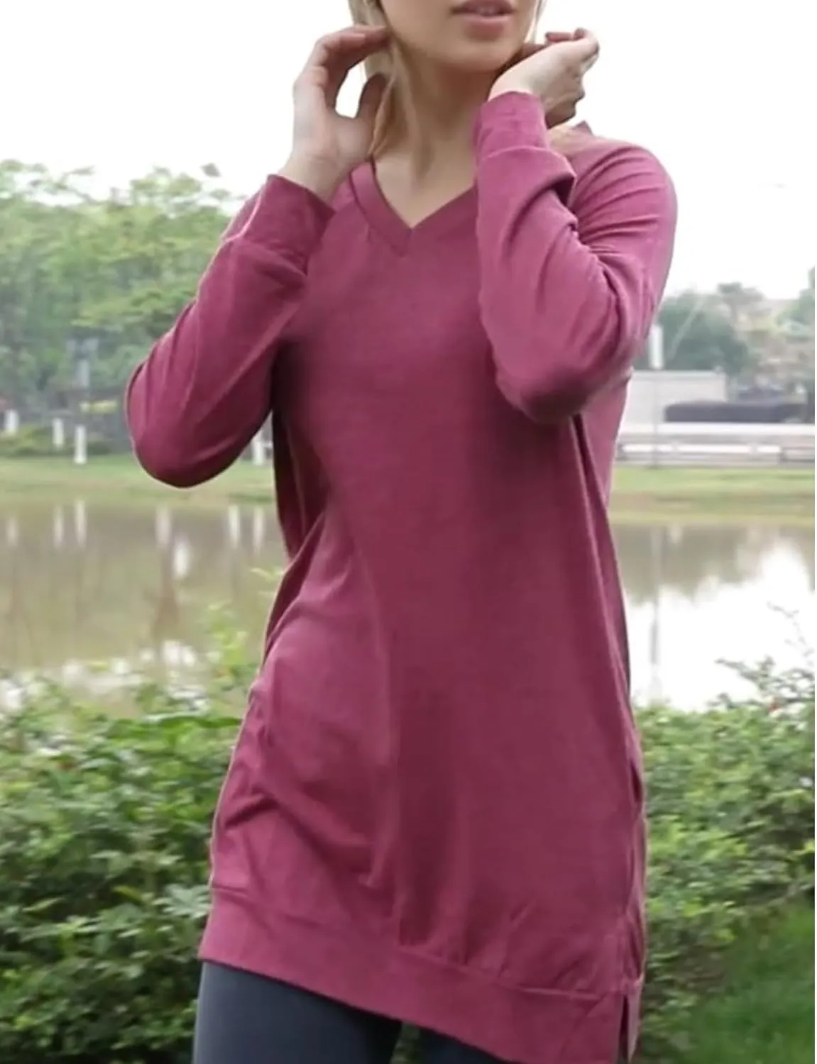 LERUCCI Womens Casual Long Sleeves Solid V-Neck Tunics Shirt Tops with Pockets