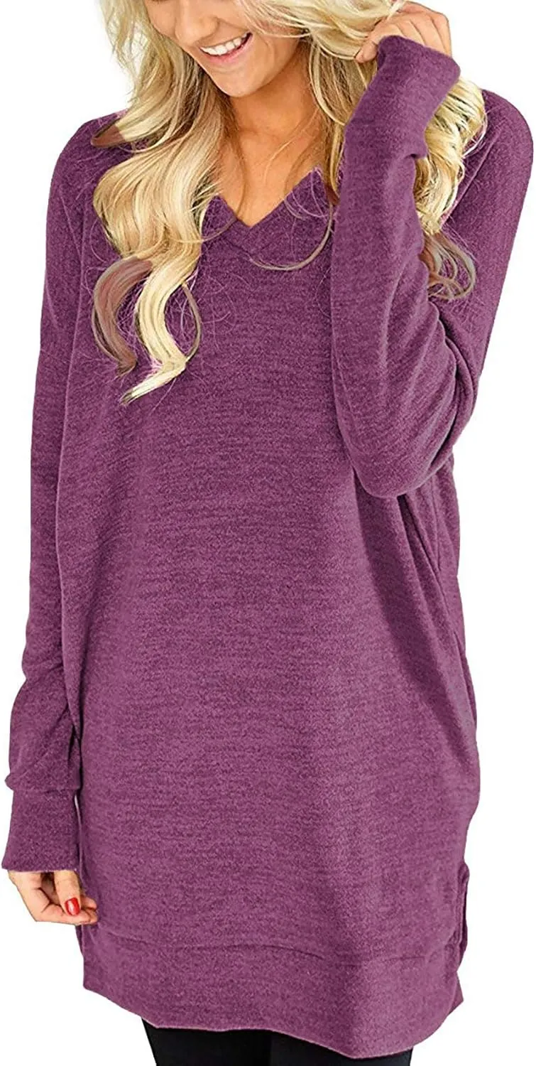 LERUCCI Womens Casual Long Sleeves Solid V-Neck Tunics Shirt Tops with Pockets