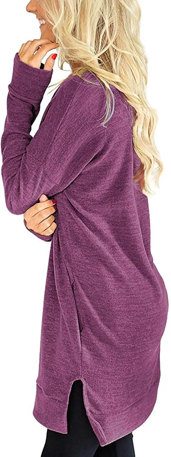 LERUCCI Womens Casual Long Sleeves Solid V-Neck Tunics Shirt Tops with Pockets