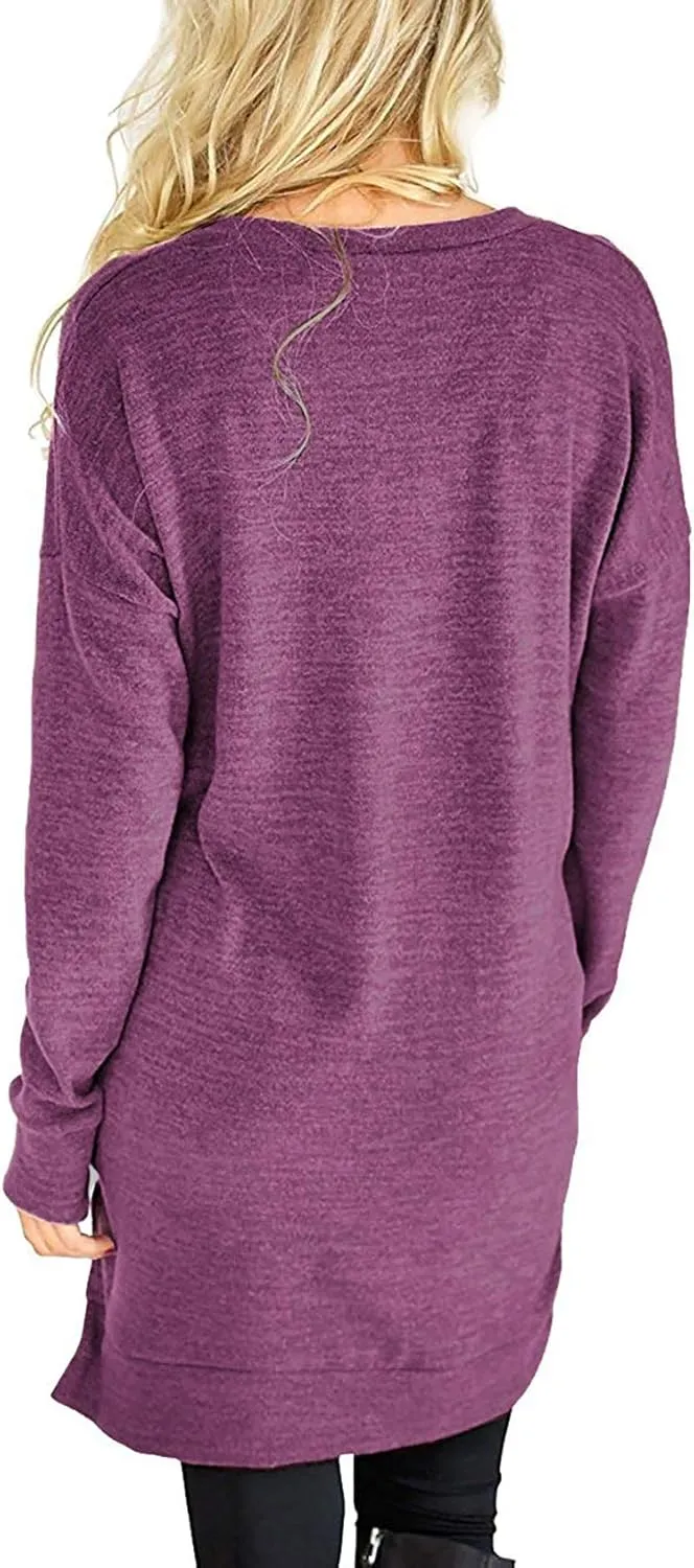 LERUCCI Womens Casual Long Sleeves Solid V-Neck Tunics Shirt Tops with Pockets