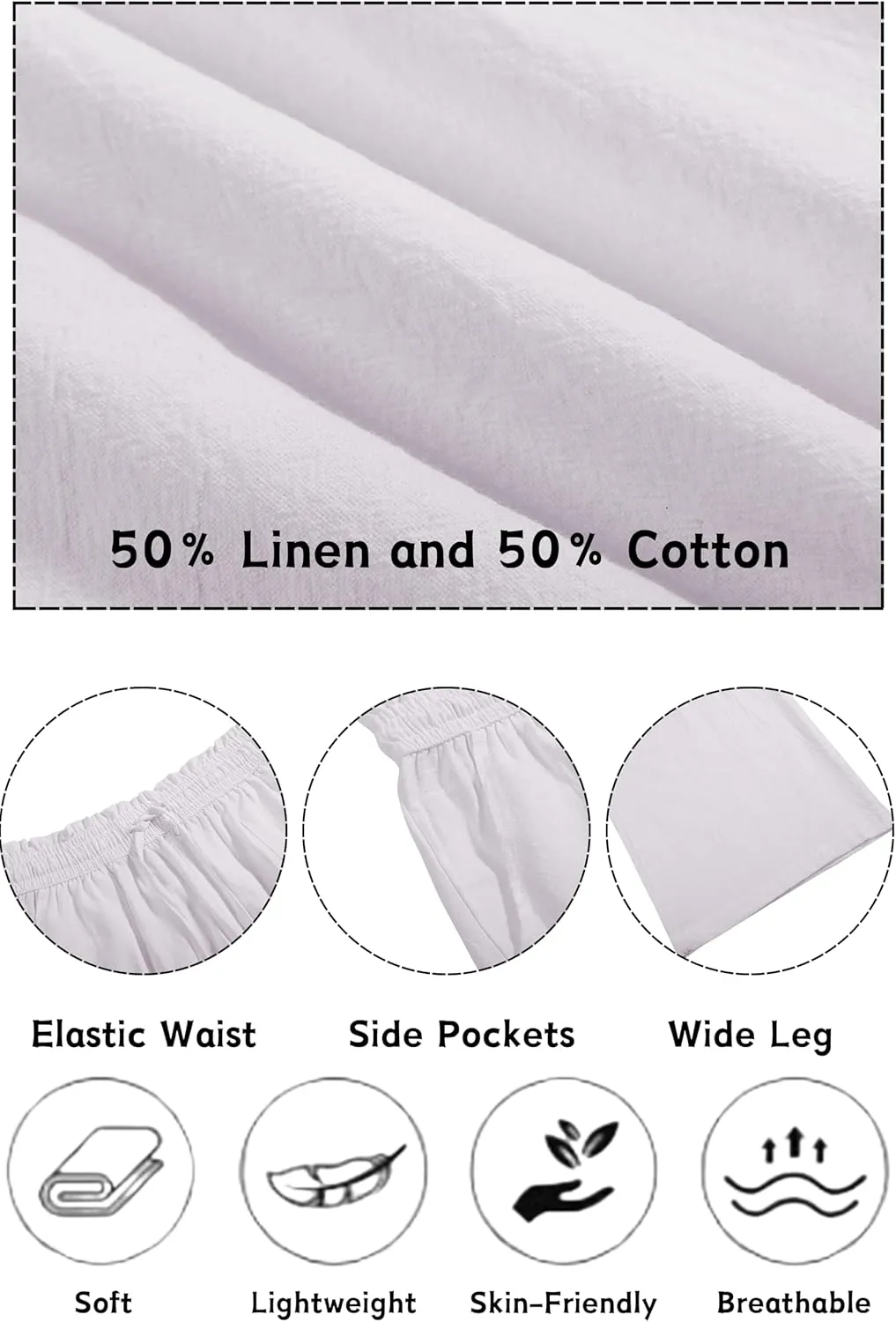LNX Womens Linen Pants High Waisted Wide Leg Drawstring Casual Loose Trousers with Pockets