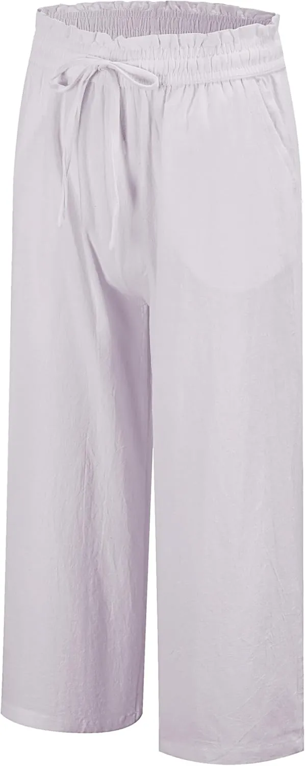 LNX Womens Linen Pants High Waisted Wide Leg Drawstring Casual Loose Trousers with Pockets