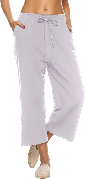 LNX Womens Linen Pants High Waisted Wide Leg Drawstring Casual Loose Trousers with Pockets