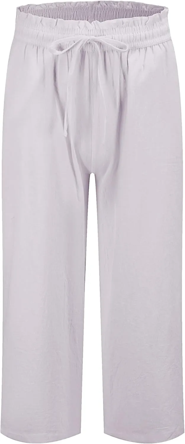 LNX Womens Linen Pants High Waisted Wide Leg Drawstring Casual Loose Trousers with Pockets
