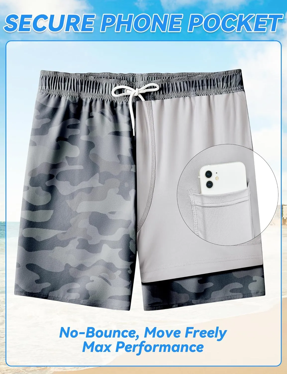 Mens Swim Trunks with Compression Liner 8 inch Quick-Dry Lightweight 2 in 1 Board Shorts 4-Way Stretch UPF 50 