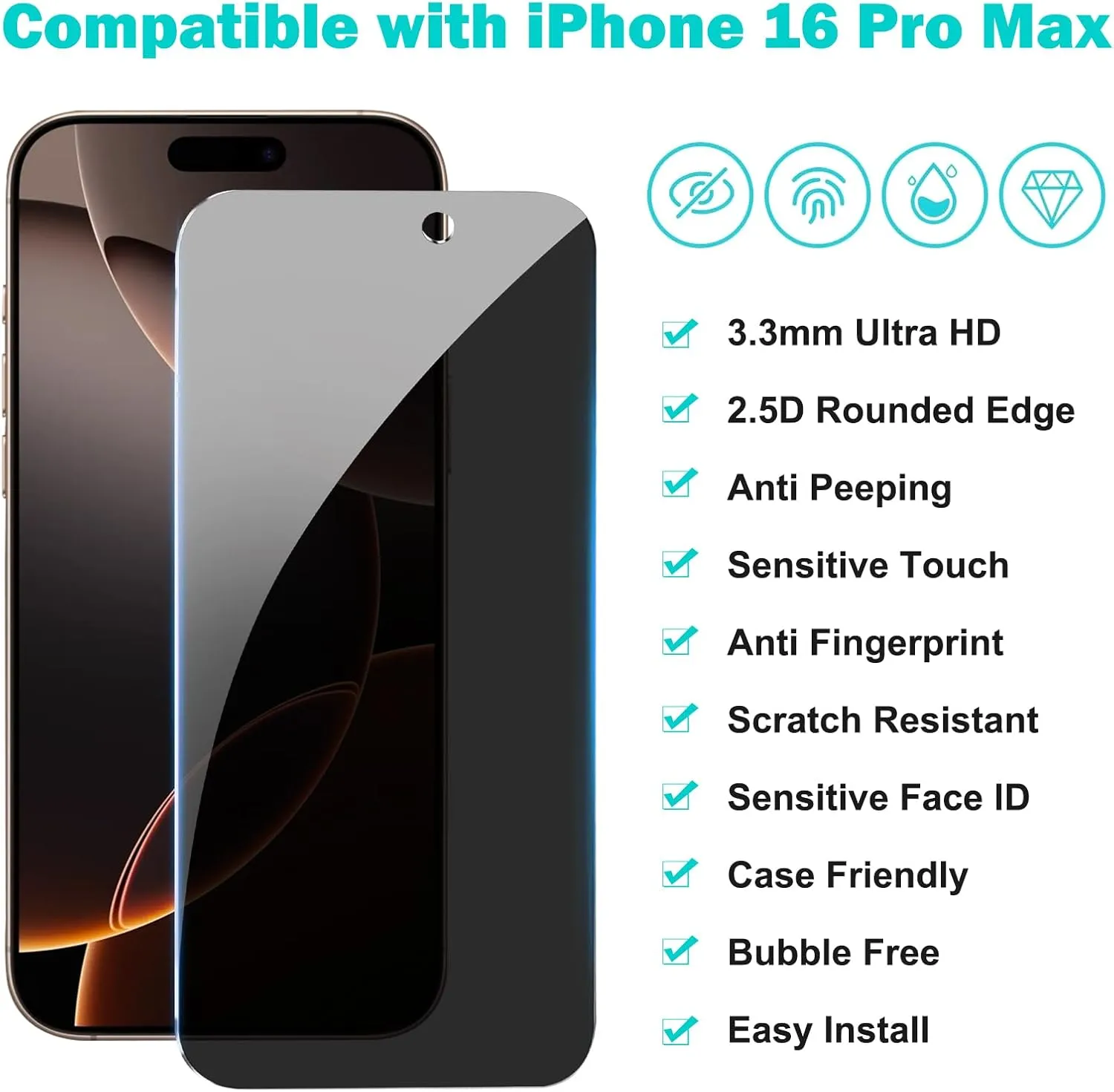 Pehael [3 3Pack] Privacy Screen Protector for iPhone 16 Pro Max with Camera Lens Protector Full Coverage Anti-Spy Tempered Glass Film 9H Hardness Upgrade Edge Protection Easy Installation Bubble Free [6.9 inch]