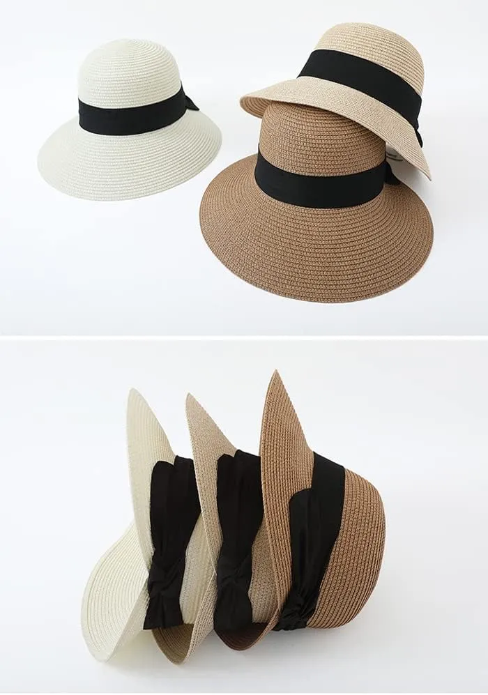 Summer Beach Sun Straw Hats for Women Wide Brim Packable Travel Bucket Hats UPF 50 