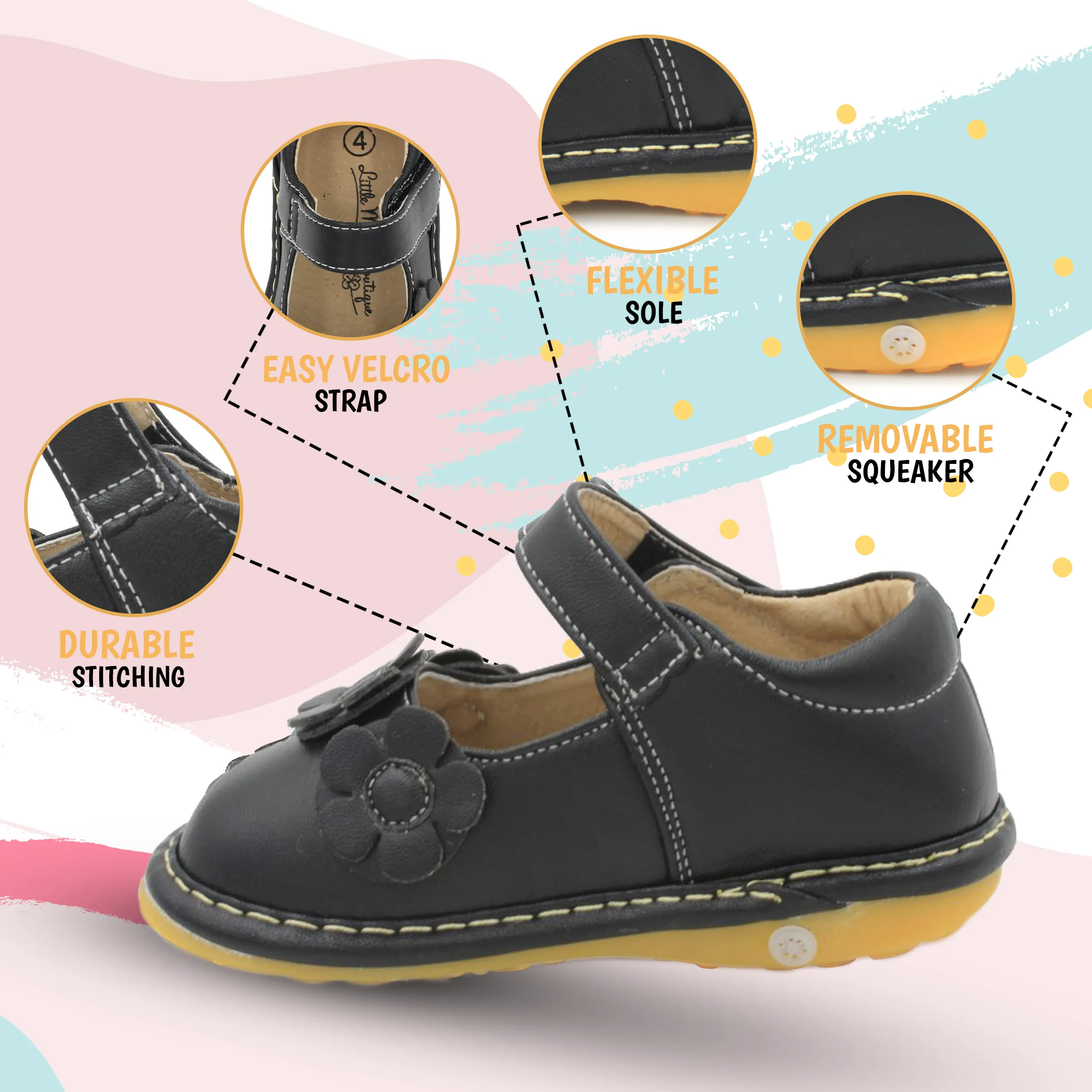 Three Flower Mary Jane Squeaky Shoes