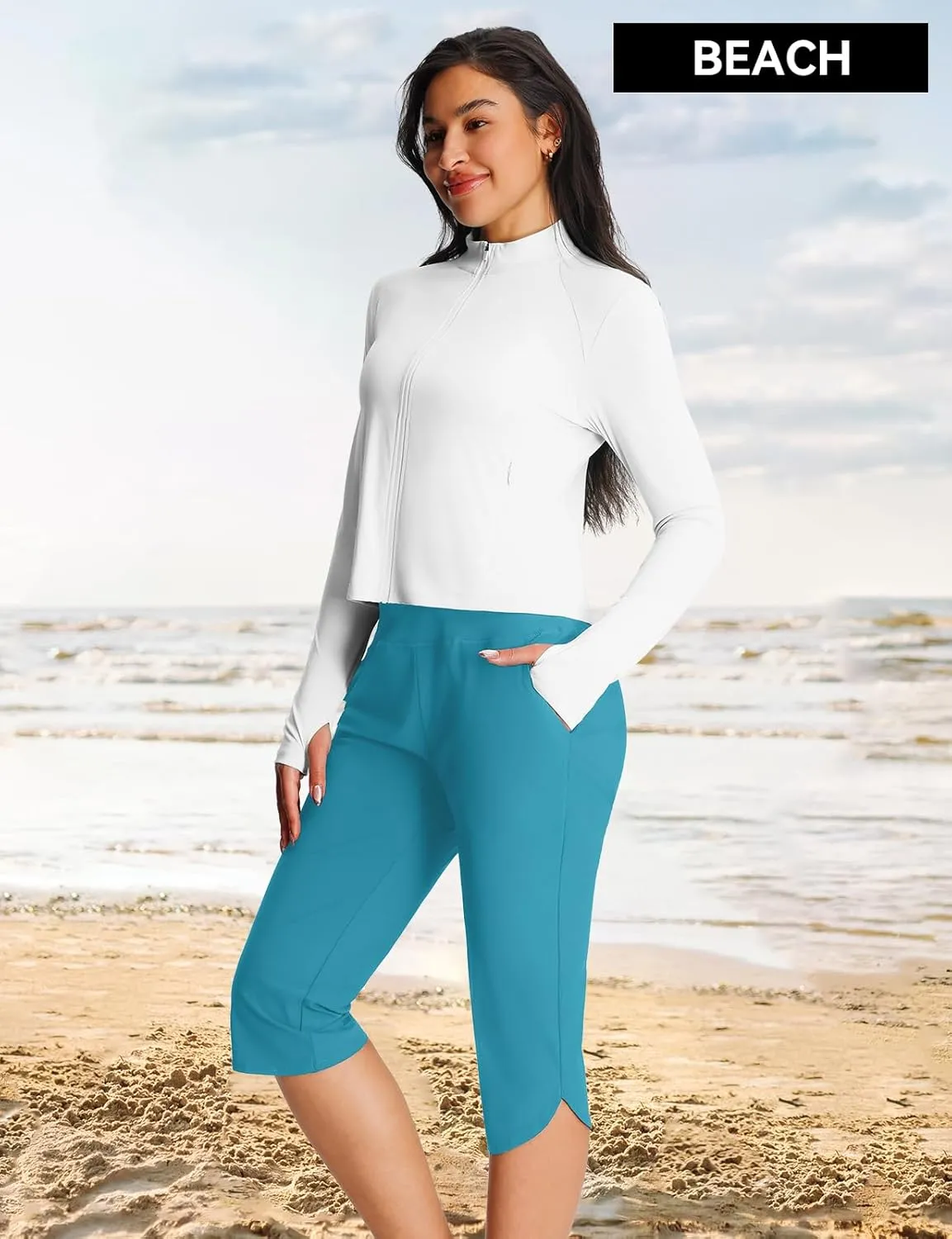 Women's 18" Casual Beach Swim Capri Pants Lightweight Modest Swimsuits Long Swim Shorts with Pockets UPF50 
