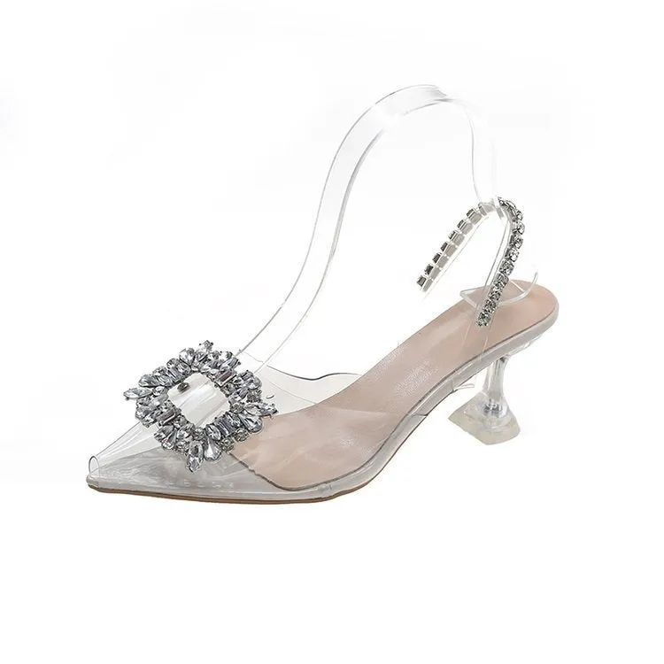 xiangtuibao Pointed Toe High Heel Fashion Outdoor Sandals Women's  Summer New Korean Bag Rhinestone Ankle-Strap Stilettos Sandals