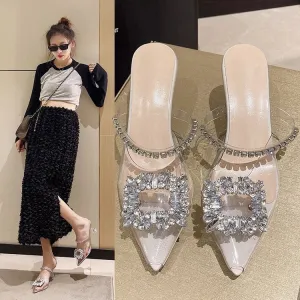 xiangtuibao Pointed Toe High Heel Fashion Outdoor Sandals Women's  Summer New Korean Bag Rhinestone Ankle-Strap Stilettos Sandals