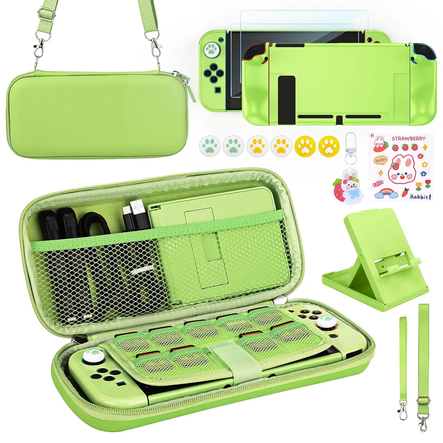 Younik Switch Accessories Bundle, 17 in 1 Green Switch Accessories Kit for Girls Include Switch Carrying Case, Adjustable Stand, Protective Case for Switch Console & J-Con