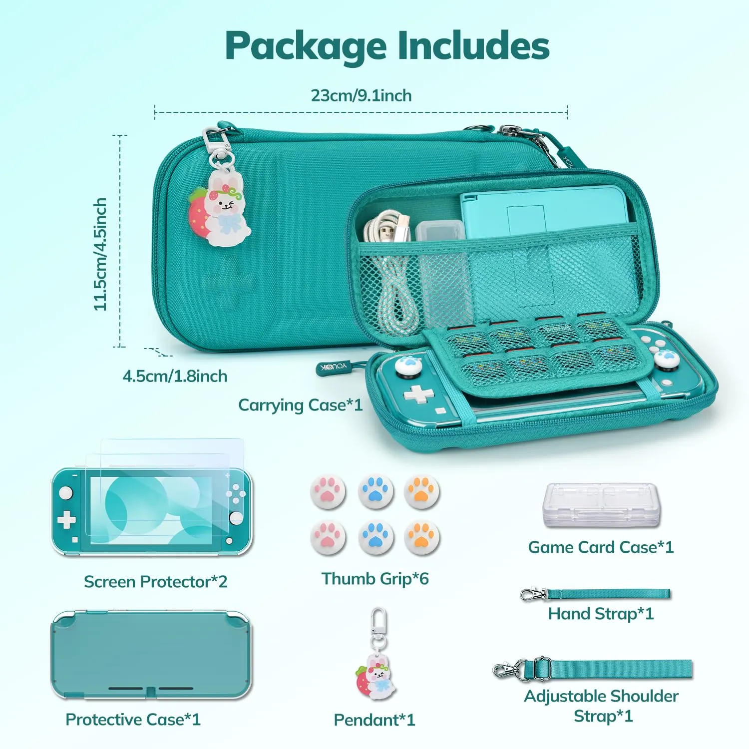 Younik Switch Lite Case, Portable Switch Lite Carrying Case, 14 in 1 Accessories Kit with Carrying Case, Protective Cover, Game Card Case, Screen Protectors, Thumb Grips, Pendant and straps (Green)